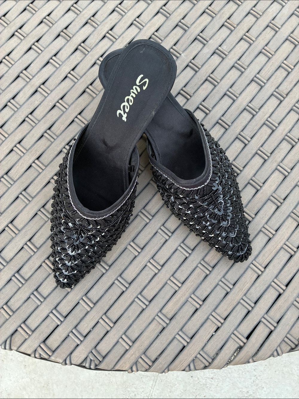 SweetHoney Black Sequin Pointed Slip-On Mules